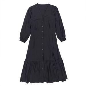 UNIQLO V-Neck 3/4-Sleeve Flare Dress Midi Button Down Minimal Cottagecore Boho